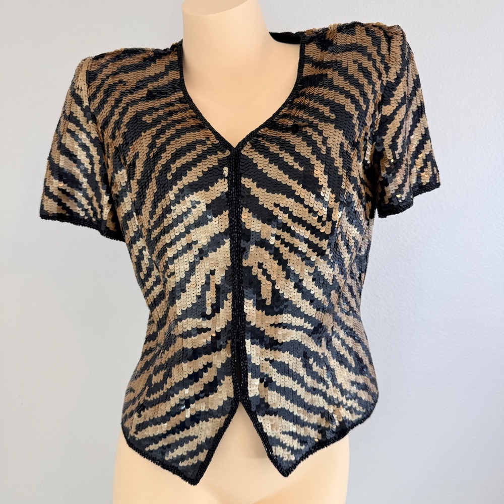 Mob Wife Sequin Silk Beaded Top Gold Black Tiger Stripe Short Sleeve V-Neck Sz M